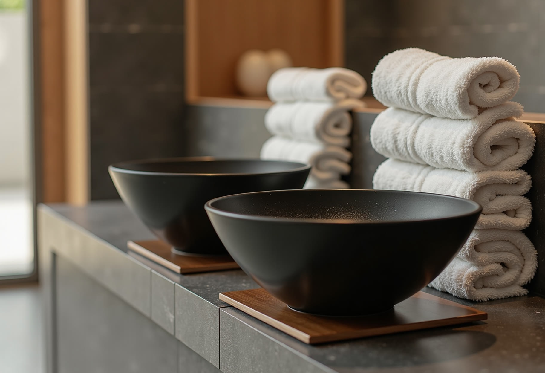 Wash bowls and towel warmers at the back wall